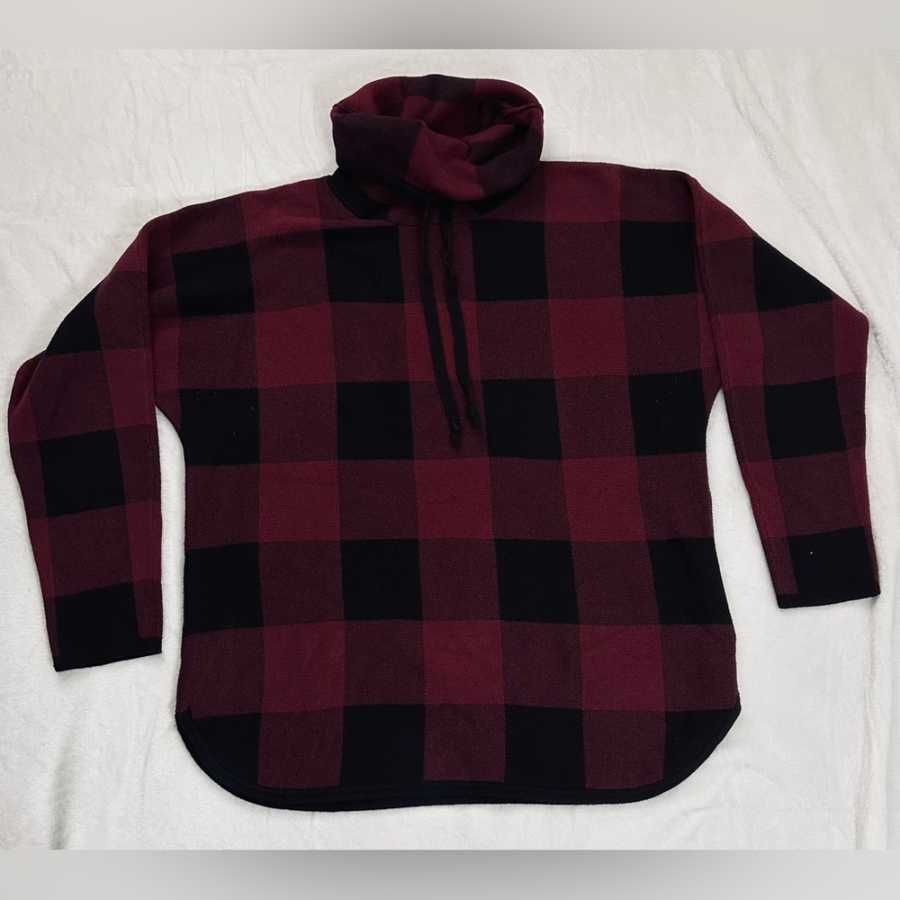 Adrienne Vittadini Womens Mock Neck Sweater Size L Red Black Checkered